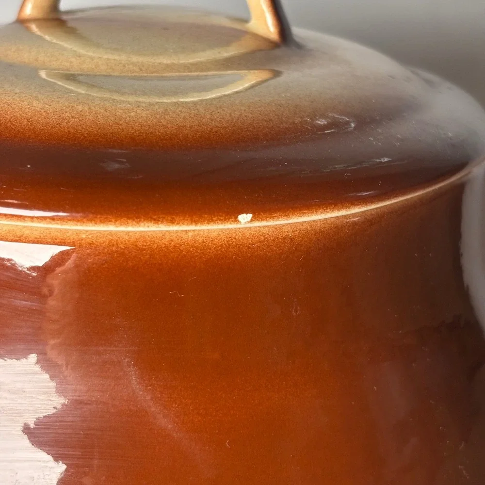Vintage Ceramic Vegetable Soup Tureen Lidded Bean Pot Brown Cream 6-Handle Large